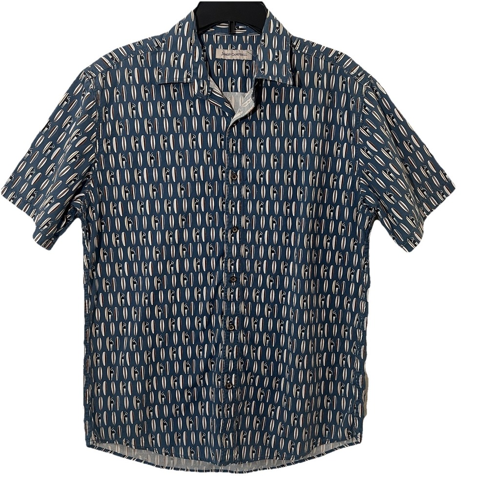 James Campbell Men's Blue‎ Short Sleeve Shirt Size Medium Surfboard Print